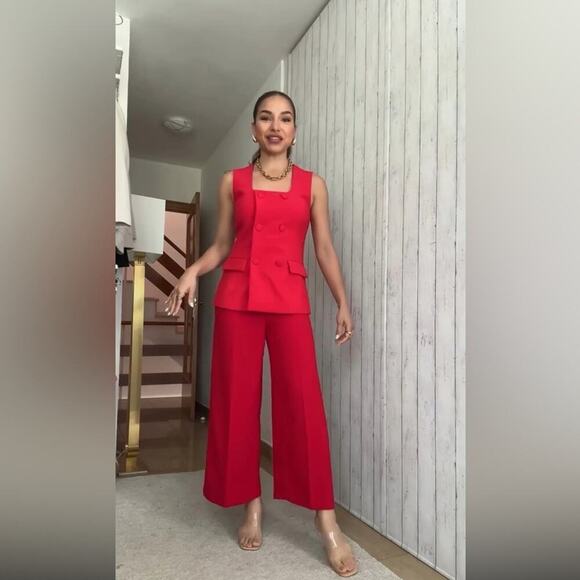 Zara RED WIDE LEG CROPPED PANTS - Picture 4 of 14
